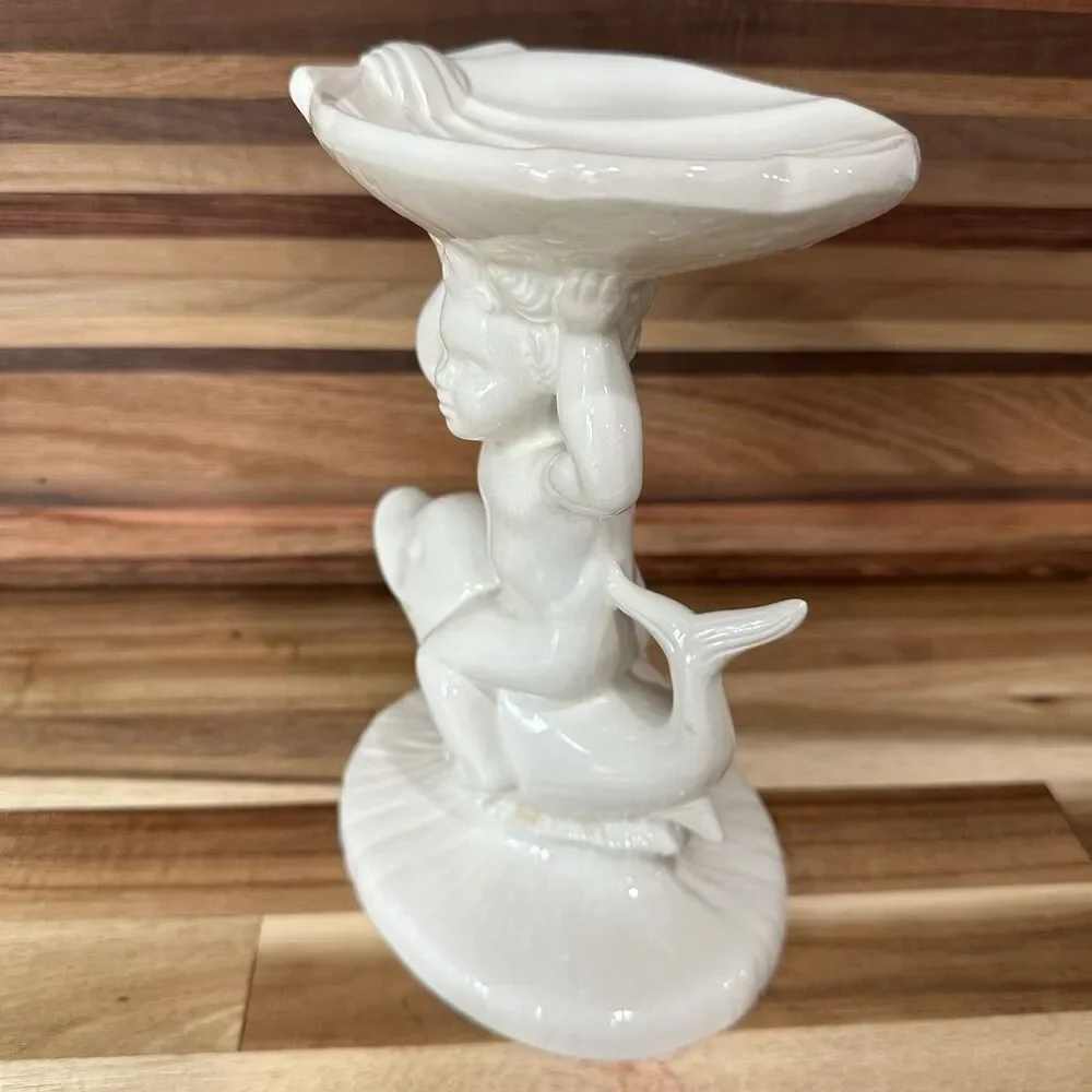 Vtg ‘60 Cherub Riding Dolphin Holding Shell Soap Dish - Holland Mold White Glaze